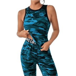 OYOANGLE Women's Camo Print Sleeveless Crew Neck Fitted Tank Top Workout Gym Athletic Tops