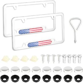 2PCS Car Flag License Plate Frames,American License Plate Holder for Rear & Front License Plate,Universal License Plate Cover Automotive Exterior Accessories with Installation Components (Black)