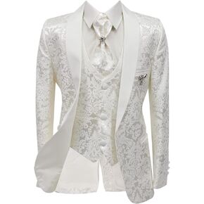 Boy’s Patterned Communion Tuxedo Suit in Ivory Slim Fit 5 Piece Complete Occasion Outfit Set
