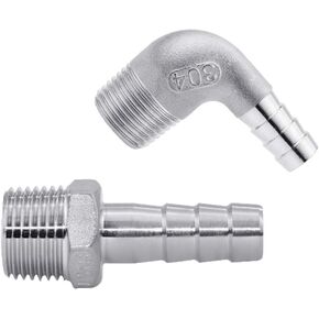 JoyTube Stainless Steel Hose Barb Set, Elbow Straight 3/8" Hose Barb to 1/2" Male NPT Home Brew Fitting (Pack of 2)