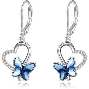Butterfly Dangle Earrings Heart Drop Dangle Hoop Earrings for Women 925 Sterling Silver with Colorful Crystals Butterfly Jewellery Birthday Gifts for Girls Girlfriend Mum