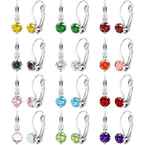 JOERICA 12 Pairs Leverback Dangle Earrings Set for Women Gold Plated CZ Stainless Steel Earrings 6/10MM Multicolor Cubic Zirconia Drop Earrings