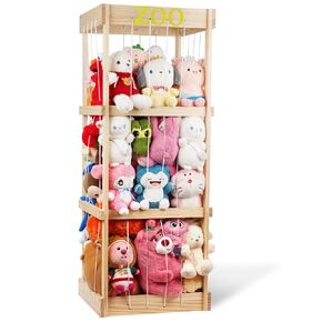 Trycooling Stuffed Animal Zoo Stuffed Animal Storage Wood Plushie Storage Stuffed Animals Zoo Storage Cage with Zoo Pattern Elastic Band for Nursery Play Room Bedroom (Wood)