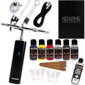 NO-NAME Brand. Cordless Airbrush Kit with Portable Compressor & 5 Water-Based Acrylic Paints Made in USA: Portable Dual Action Airbrush, Ideal for Painting, Makeup, Model, and Nail Art (16-Color)