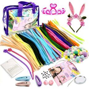 HPWF Arts Craft Supplies for Kids, DIY Craft Art Supply Set Include Pipe Cleaners, Pom Poms, Storage Bag, Eyes, Make Headband, Necklaces, Hairclip for 5-12 Years Old Girls Boys Creative Art Projects