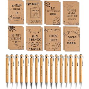 32 pcs Inspirational Wooden Pens and Cute Kraft Notepads Set, Mini Notebooks with Black Ballpoint Pens Motivational Journals Gifts for Kids Students Employees Men Women