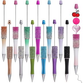 12 Pcs Beadable Pens Rhinestones Beadable Pens Plastic Black Ink Pens for Gift Making Kits Children Students Office School DIY Supplies