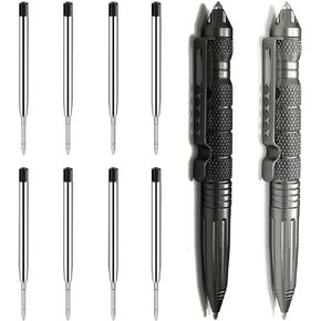 Origin-Joy 2 Pack Tungsten Steel Military Tactical Pen Set, Multifunctional EDC Self Defense Pen With 8 Ballpoint Refills (Black & Gray)