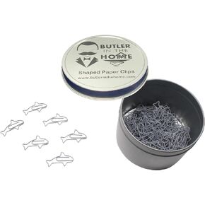Butler in the Home 100 Count Shark Shaped Paper Clips Great for Paper Clip Collectors or Office Gift - Comes in Round Tin with Lid and Gift Box (Gray)