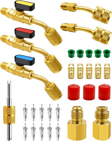 AC Refrigerant Angle Ball Valve Set Fits for R410A R134A R22 HVAC AC Mini Split System with R410a Adapter, R134A Refrigerant Tank Adapter, Valve Core and Remover in Saudi Arabia