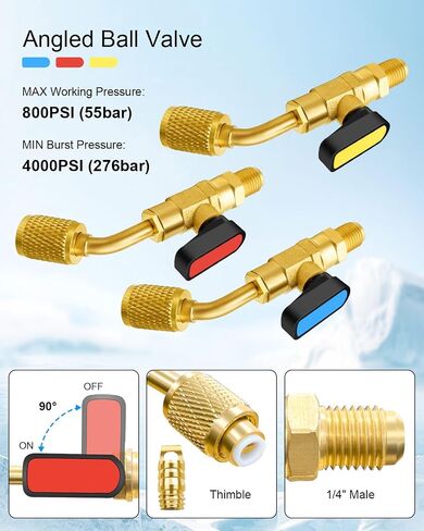 AC Refrigerant Angle Ball Valve Set Fits for R410A R134A R22 HVAC AC Mini Split System with R410a Adapter, R134A Refrigerant Tank Adapter, Valve Core and Remover in Saudi Arabia