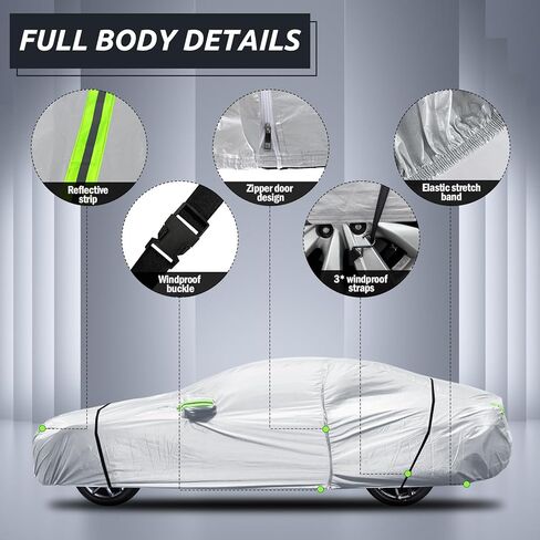 غطاء سيارة ميجافين 6 طبقات مناسب لسيارة دودج تشالنجر 2008-2023، غطاء خارجي مقاوم للماء بالكامل حماية من المطر وأشعة الشمس مع سحاب للباب وقطن داخلي فضي in Kuwait