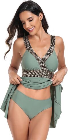 IDOPIP Women's One Piece Swimsuit Contrast Tape Swim Dress with Beach Shorts Tummy Control Tankini Set Two Piece Bathing Suit in Saudi Arabia