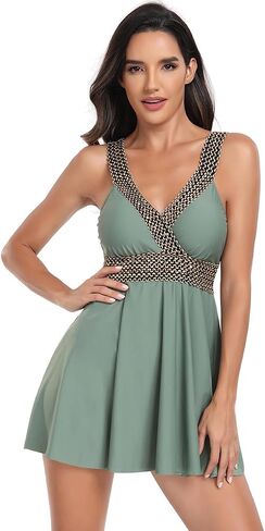 IDOPIP Women's One Piece Swimsuit Contrast Tape Swim Dress with Beach Shorts Tummy Control Tankini Set Two Piece Bathing Suit in Saudi Arabia