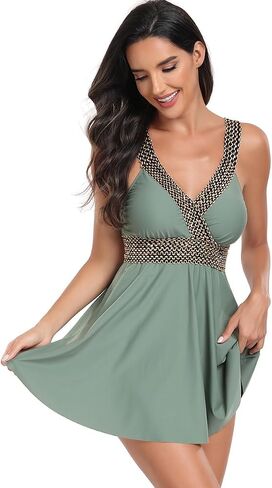 IDOPIP Women's One Piece Swimsuit Contrast Tape Swim Dress with Beach Shorts Tummy Control Tankini Set Two Piece Bathing Suit in Saudi Arabia
