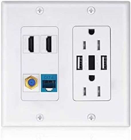 USB Outlet Wallplate,15A 2 Power with Dual 3.6A USB Charger Port Wall Plate with LED Lighting, 4 HDMI HDTV + 1 CAT6 RJ45 Ethernet + Coaxial Cable TV F Type Keystone Face Plate White in Saudi Arabia