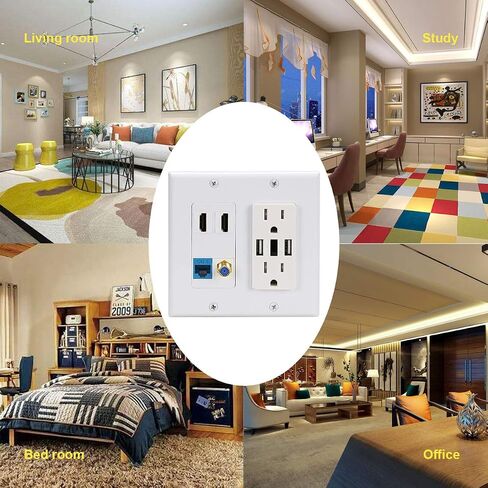 USB Outlet Wallplate,15A 2 Power with Dual 3.6A USB Charger Port Wall Plate with LED Lighting, 4 HDMI HDTV + 1 CAT6 RJ45 Ethernet + Coaxial Cable TV F Type Keystone Face Plate White in Saudi Arabia