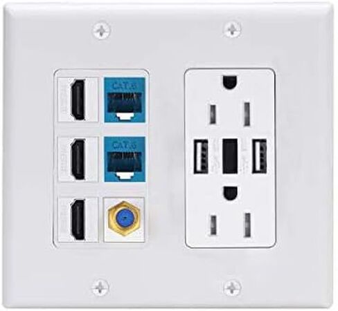 USB Outlet Wallplate,15A 2 Power with Dual 3.6A USB Charger Port Wall Plate with LED Lighting, 4 HDMI HDTV + 1 CAT6 RJ45 Ethernet + Coaxial Cable TV F Type Keystone Face Plate White in Saudi Arabia