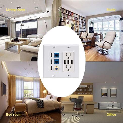 USB Outlet Wallplate,15A 2 Power with Dual 3.6A USB Charger Port Wall Plate with LED Lighting, 4 HDMI HDTV + 1 CAT6 RJ45 Ethernet + Coaxial Cable TV F Type Keystone Face Plate White in Saudi Arabia