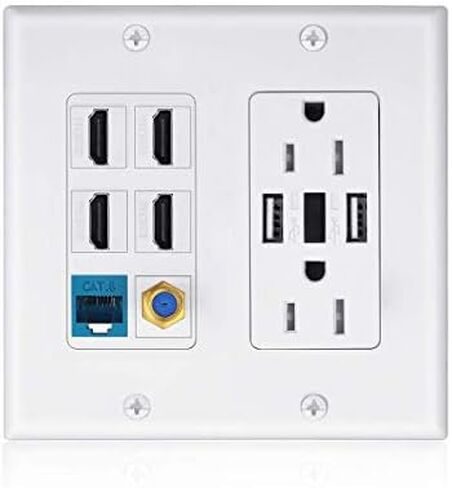 USB Outlet Wallplate,15A 2 Power with Dual 3.6A USB Charger Port Wall Plate with LED Lighting, 4 HDMI HDTV + 1 CAT6 RJ45 Ethernet + Coaxial Cable TV F Type Keystone Face Plate White in Kuwait