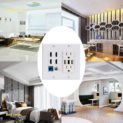 USB Outlet Wallplate,15A 2 Power with Dual 3.6A USB Charger Port Wall Plate with LED Lighting, 4 HDMI HDTV + 1 CAT6 RJ45 Ethernet + Coaxial Cable TV F Type Keystone Face Plate White in Kuwait