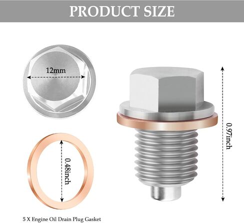 M12x1.25 Magnetic Oil Drain Plug & 5PCS Oil Drain Plug Gasket,Stainless Steel Engine Oil Drain Plug Replacement OEM#0924712101,06331-35012,Compatible with Toyota Lexus Arctic Cat in Saudi Arabia