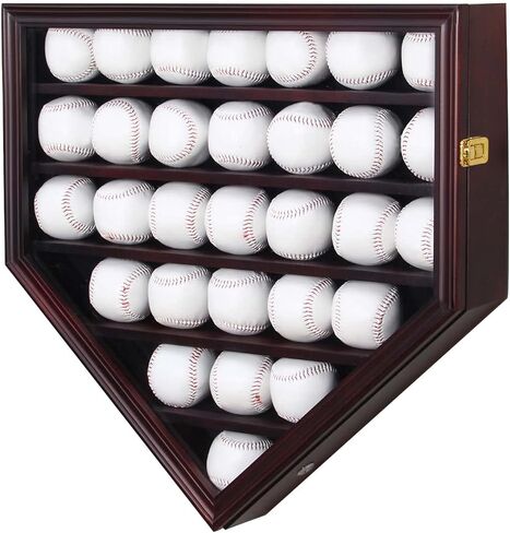 Baseball Display Case, 30 Solid Wood Baseball Display Holder, Large Capacity and Double Lock Wall Mount Baseball Shadow Box Display Rack with Anti Fade Acrylic Glass Door, Mahogany Finish in Saudi Arabia