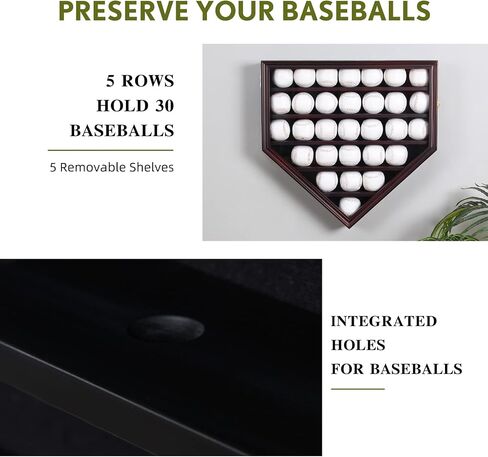 Baseball Display Case, 30 Solid Wood Baseball Display Holder, Large Capacity and Double Lock Wall Mount Baseball Shadow Box Display Rack with Anti Fade Acrylic Glass Door, Mahogany Finish in Saudi Arabia