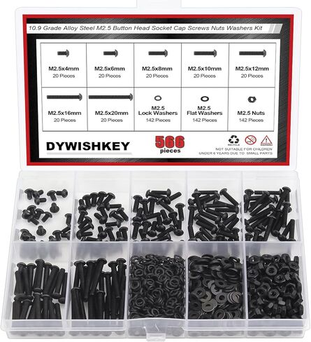 566 Pieces M2 Black Screws, 10.9 Grade Alloy Steel M2x 4/6 /8/10 /12/16 /20mm Button Head Socket Cap Screws Bolts Nuts Washers Assortment Kit in Kuwait
