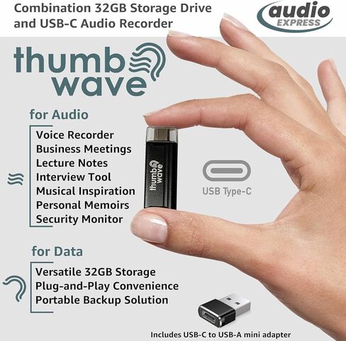 ThumbWave 32GB USB-C Audio Recorder Flash Storage Drive with 144 Hour Audio Recording Capacity for Business Meetings, Lecture Notes, Musical Inspiration, Personal Memoirs in Kuwait