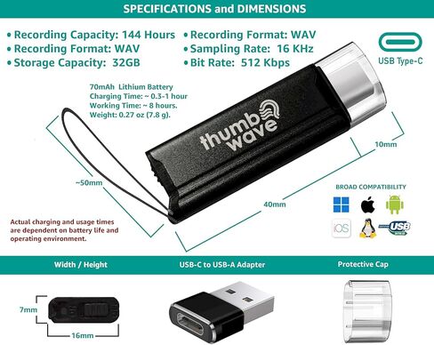 ThumbWave 32GB USB-C Audio Recorder Flash Storage Drive with 144 Hour Audio Recording Capacity for Business Meetings, Lecture Notes, Musical Inspiration, Personal Memoirs in Kuwait