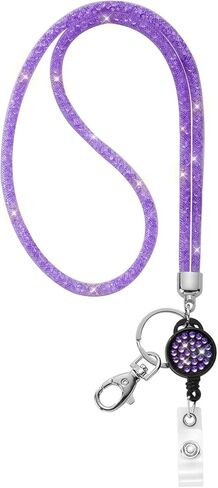 SAVORI Bling Lanyard للنساء، حبال كريستالية مقاس 32.9 بوصة مع حامل لبطاقة الهوية، حبل من حجر الراين قابل للسحب لمفاتيح المحفظة والهواتف والنظارات هدية للنساء (أرجواني، شارة قابلة للسحب) in Kuwait