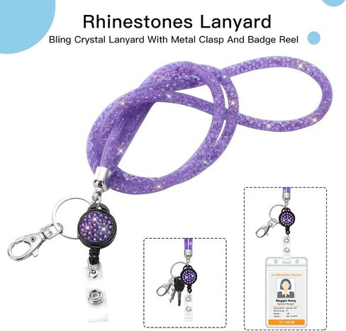 SAVORI Bling Lanyard للنساء، حبال كريستالية مقاس 32.9 بوصة مع حامل لبطاقة الهوية، حبل من حجر الراين قابل للسحب لمفاتيح المحفظة والهواتف والنظارات هدية للنساء (أرجواني، شارة قابلة للسحب) in Kuwait