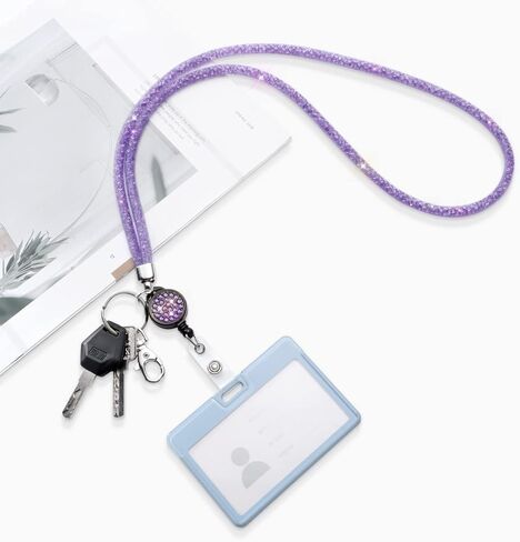 SAVORI Bling Lanyard للنساء، حبال كريستالية مقاس 32.9 بوصة مع حامل لبطاقة الهوية، حبل من حجر الراين قابل للسحب لمفاتيح المحفظة والهواتف والنظارات هدية للنساء (أرجواني، شارة قابلة للسحب) in Kuwait
