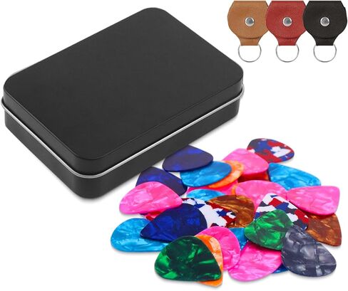 30 قطعة من أعواد جيتار السيليلويد مقاس 0.96 مم، هدية فريدة من نوعها للجيتار الصوتي، القيثارة، الباس، مع 3 سلاسل مفاتيح جلدية للجيتار ملفوفة في صندوق من القصدير الأسود in Kuwait