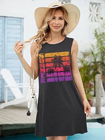 LUKYCILD Summer Dresses for Women 2024: Tropical Beach Tank Dress Vacation Coconut Tree Graphic Sleeveless Mini Sundress in Kuwait