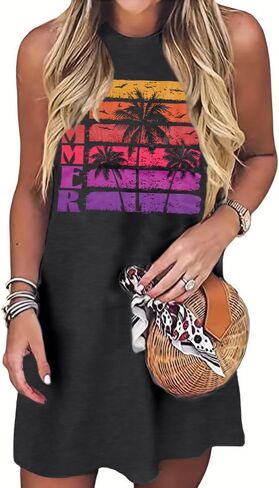 LUKYCILD Summer Dresses for Women 2024: Tropical Beach Tank Dress Vacation Coconut Tree Graphic Sleeveless Mini Sundress in Kuwait