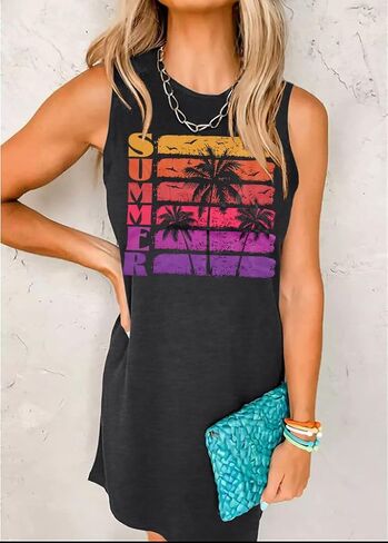 LUKYCILD Summer Dresses for Women 2024: Tropical Beach Tank Dress Vacation Coconut Tree Graphic Sleeveless Mini Sundress in Kuwait