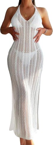 Verdusa Women's Halter Neck Tied Backless Crochet Knitted Bikini Cover Up Dress in Saudi Arabia