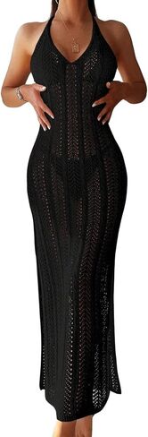 Verdusa Women's Halter Neck Tied Backless Crochet Knitted Bikini Cover Up Dress in Saudi Arabia