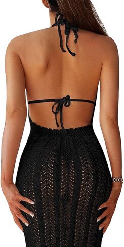 Verdusa Women's Halter Neck Tied Backless Crochet Knitted Bikini Cover Up Dress in Saudi Arabia