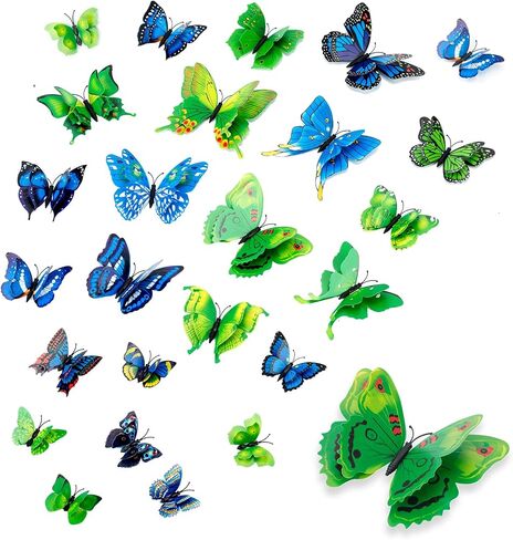 3D Butterfly Decorations Wall Art, 24 Pcs Removable Stickers Room Mural for Party Cake Decoration Kids Bedroom Nursery Classroom Wedding Decor (Blue & Green) in Saudi Arabia