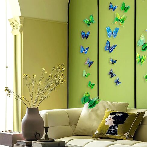 3D Butterfly Decorations Wall Art, 24 Pcs Removable Stickers Room Mural for Party Cake Decoration Kids Bedroom Nursery Classroom Wedding Decor (Blue & Green) in Saudi Arabia