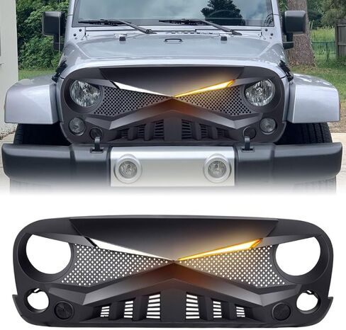 شواية أمامية متوافقة مع 2007-2018 Jeep Wrangler JK/JKU، شبكة Hawke مع مصابيح إشارة الانعطاف DRL، أسود غير لامع in Kuwait