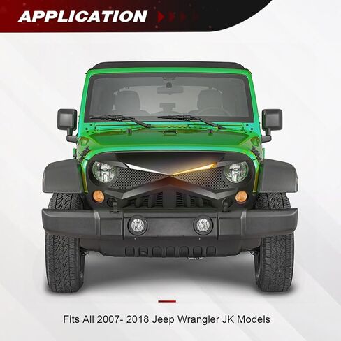 شواية أمامية متوافقة مع 2007-2018 Jeep Wrangler JK/JKU، شبكة Hawke مع مصابيح إشارة الانعطاف DRL، أسود غير لامع in Kuwait