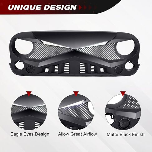 شواية أمامية متوافقة مع 2007-2018 Jeep Wrangler JK/JKU، شبكة Hawke مع مصابيح إشارة الانعطاف DRL، أسود غير لامع in Kuwait