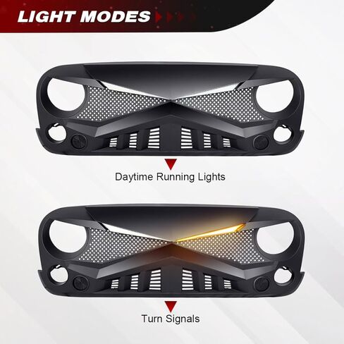 شواية أمامية متوافقة مع 2007-2018 Jeep Wrangler JK/JKU، شبكة Hawke مع مصابيح إشارة الانعطاف DRL، أسود غير لامع in Kuwait