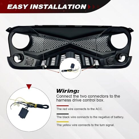 شواية أمامية متوافقة مع 2007-2018 Jeep Wrangler JK/JKU، شبكة Hawke مع مصابيح إشارة الانعطاف DRL، أسود غير لامع in Kuwait