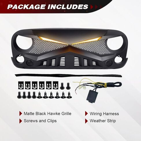 شواية أمامية متوافقة مع 2007-2018 Jeep Wrangler JK/JKU، شبكة Hawke مع مصابيح إشارة الانعطاف DRL، أسود غير لامع in Kuwait