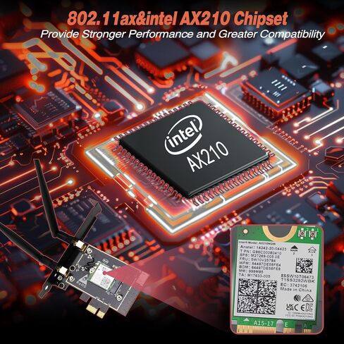 محول بطاقة الشبكة PCIe WiFi 6E AX210 للكمبيوتر المكتبي، BT 5.3، ثلاثي الموجات (802.11ax) 6 جيجا هرتز و5 جيجا هرتز و2.4 جيجا هرتز بطاقات LAN اللاسلكية مع MU-MIMO، OFDMA، يدعم Windows 10/11 (64 بت) (لا يوجد كابل بلوتوث) in Kuwait